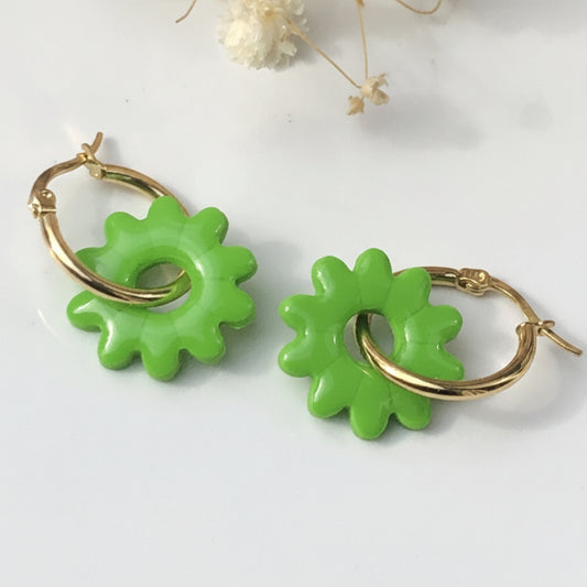 Boucles d'Oreilles Créoles Pampilles Fleurs - Vert Pomme