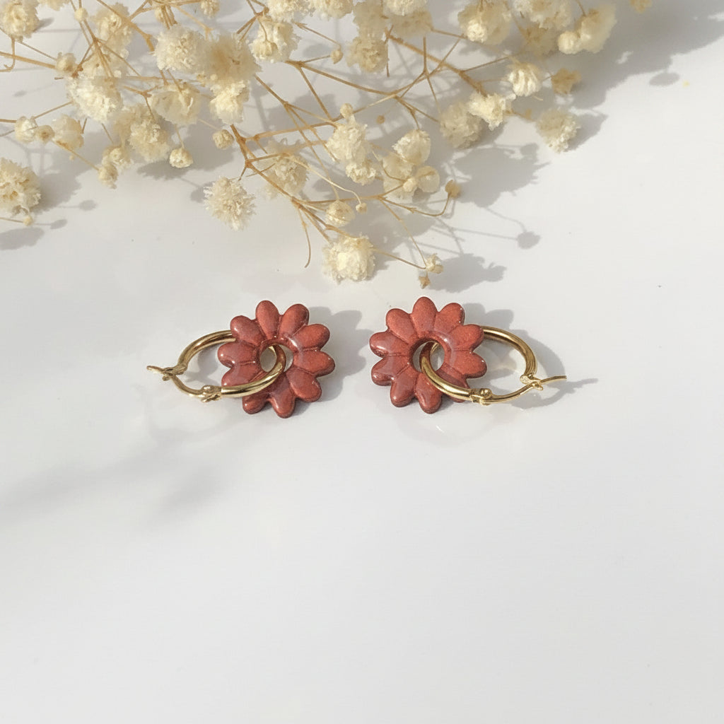 Boucles d'Oreilles Créoles Pampilles Fleurs Marguerite - Cuivre
