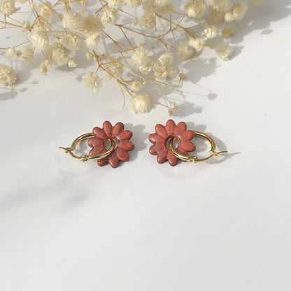 Boucles d'Oreilles Créoles Pampilles Fleurs Marguerite - Cuivre