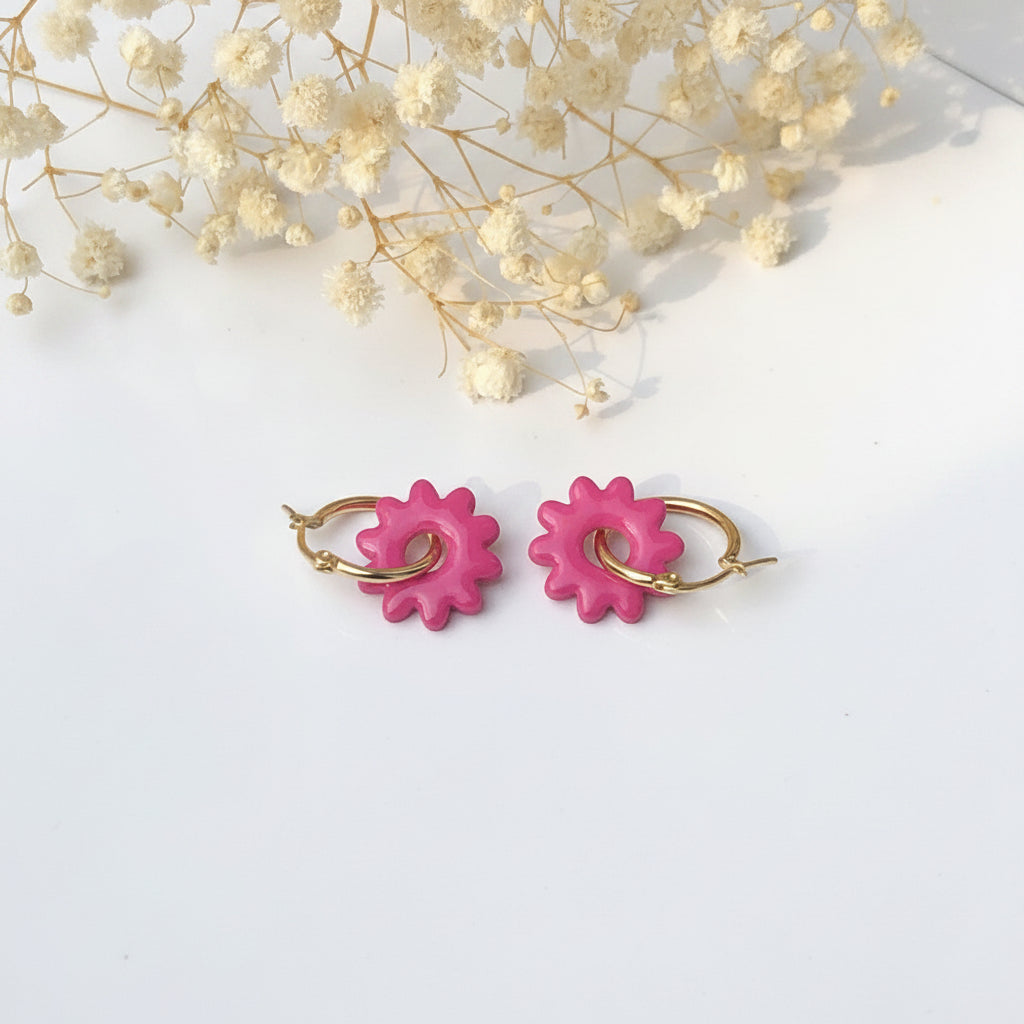 Boucles d'Oreilles Créoles Pampilles Fleurs - Rose Framboise