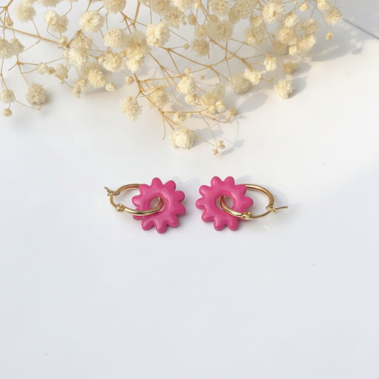 Boucles d'Oreilles Créoles Pampilles Fleurs - Rose Framboise