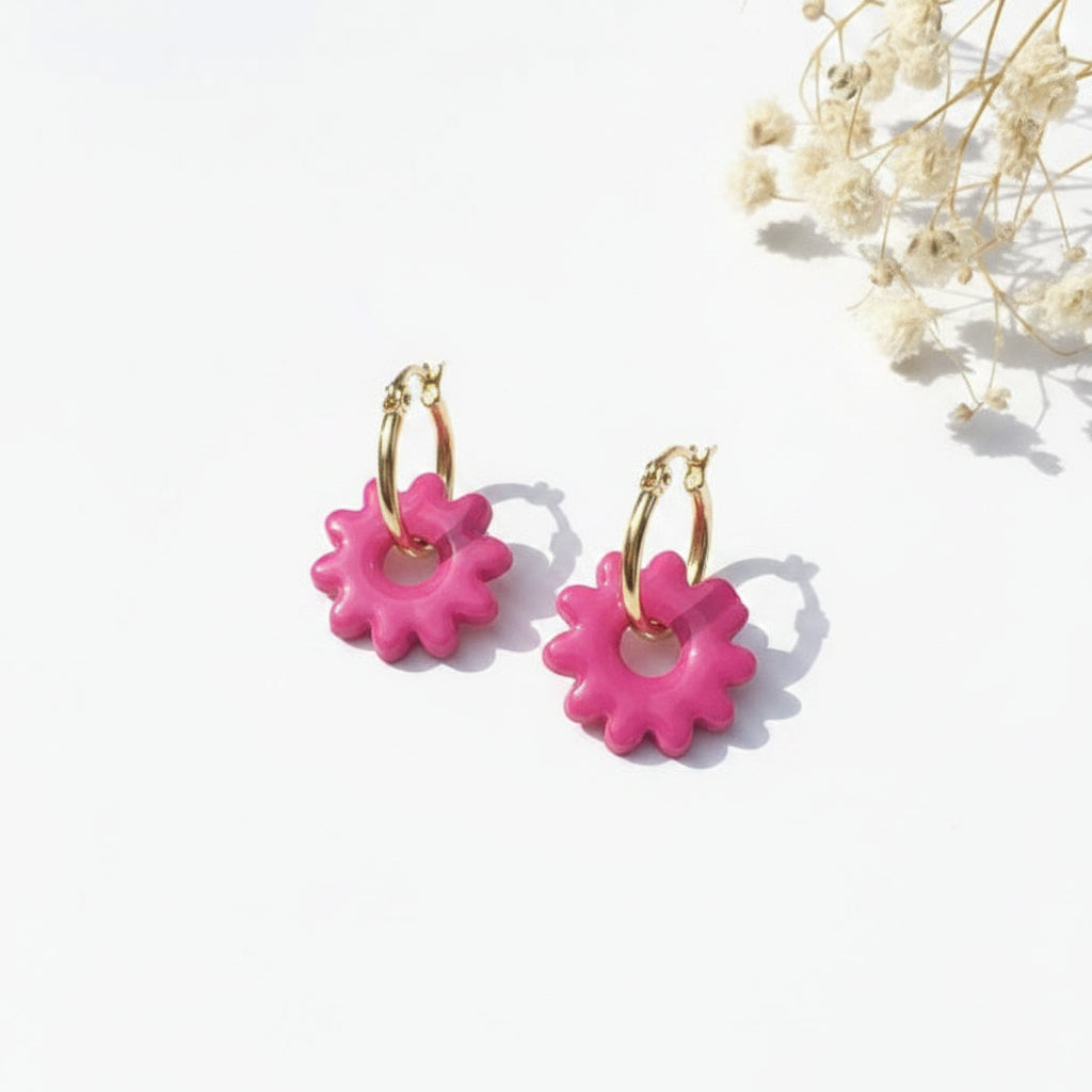 Boucles d'Oreilles Créoles Pampilles Fleurs - Rose Framboise