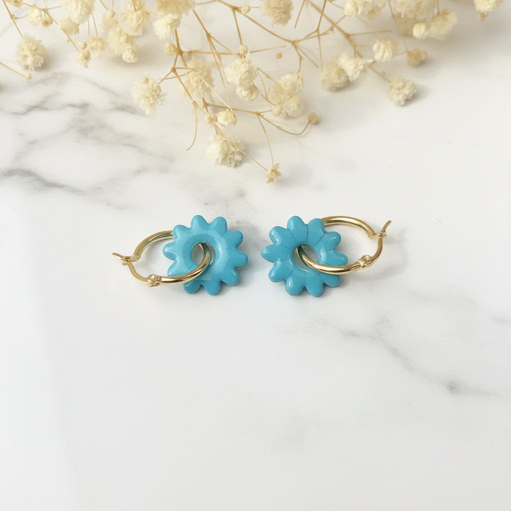 Boucles d'Oreilles Créoles Pampilles Fleurs - Bleu Menthe