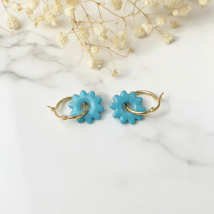 Boucles d'Oreilles Créoles Pampilles Fleurs - Bleu Menthe