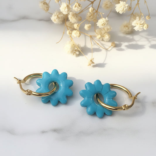 Boucles d'Oreilles Créoles Pampilles Fleurs - Bleu Menthe