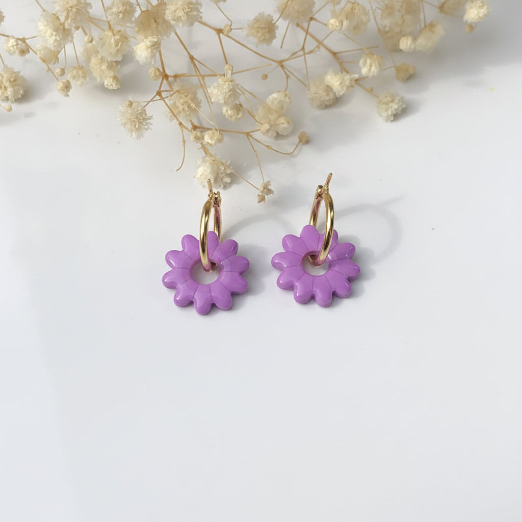 Boucles d'Oreilles Créoles Pampilles Fleurs - Violet Lavande