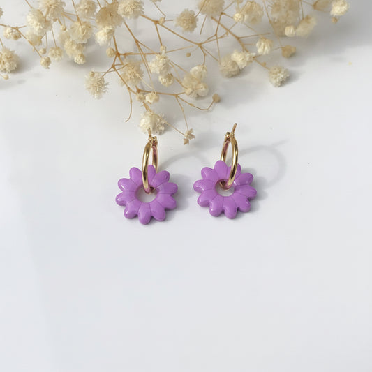 Boucles d'Oreilles Créoles Pampilles Fleurs - Violet Lavande