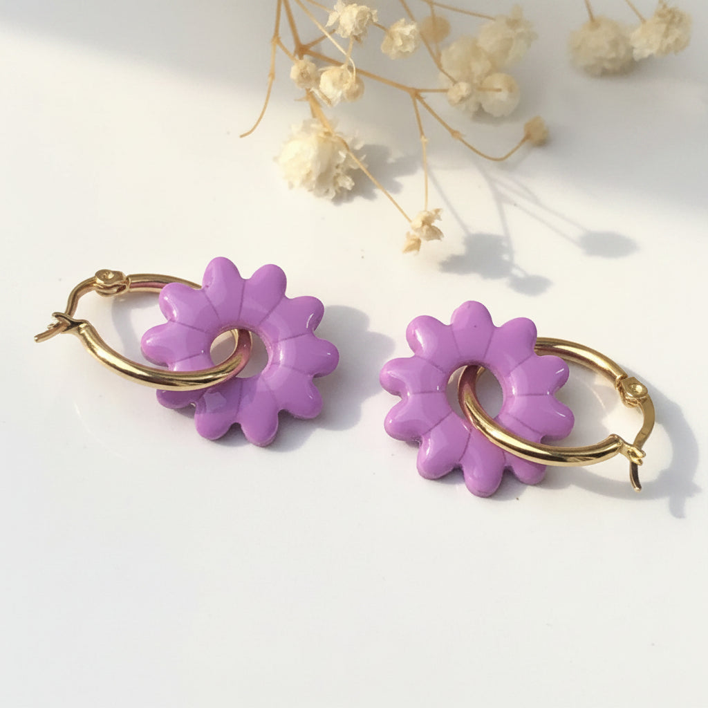 Boucles d'Oreilles Créoles Pampilles Fleurs - Violet Lavande