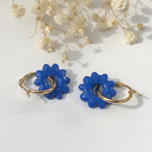 Boucles d'Oreilles Créoles Pampilles Fleurs - Bleu Pacifique