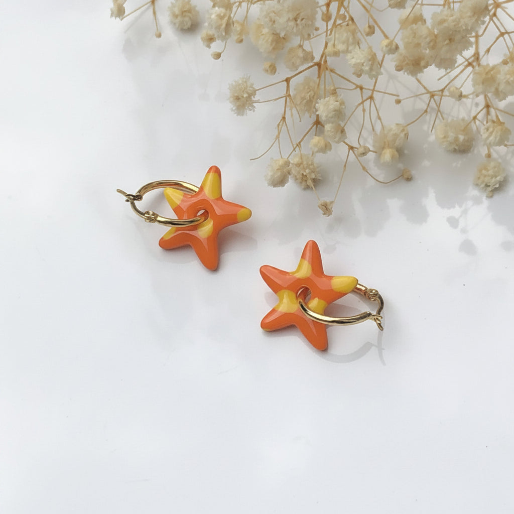 Boucles d'Oreilles Créoles Pampilles Étoiles - Orange Tangerine à Pois