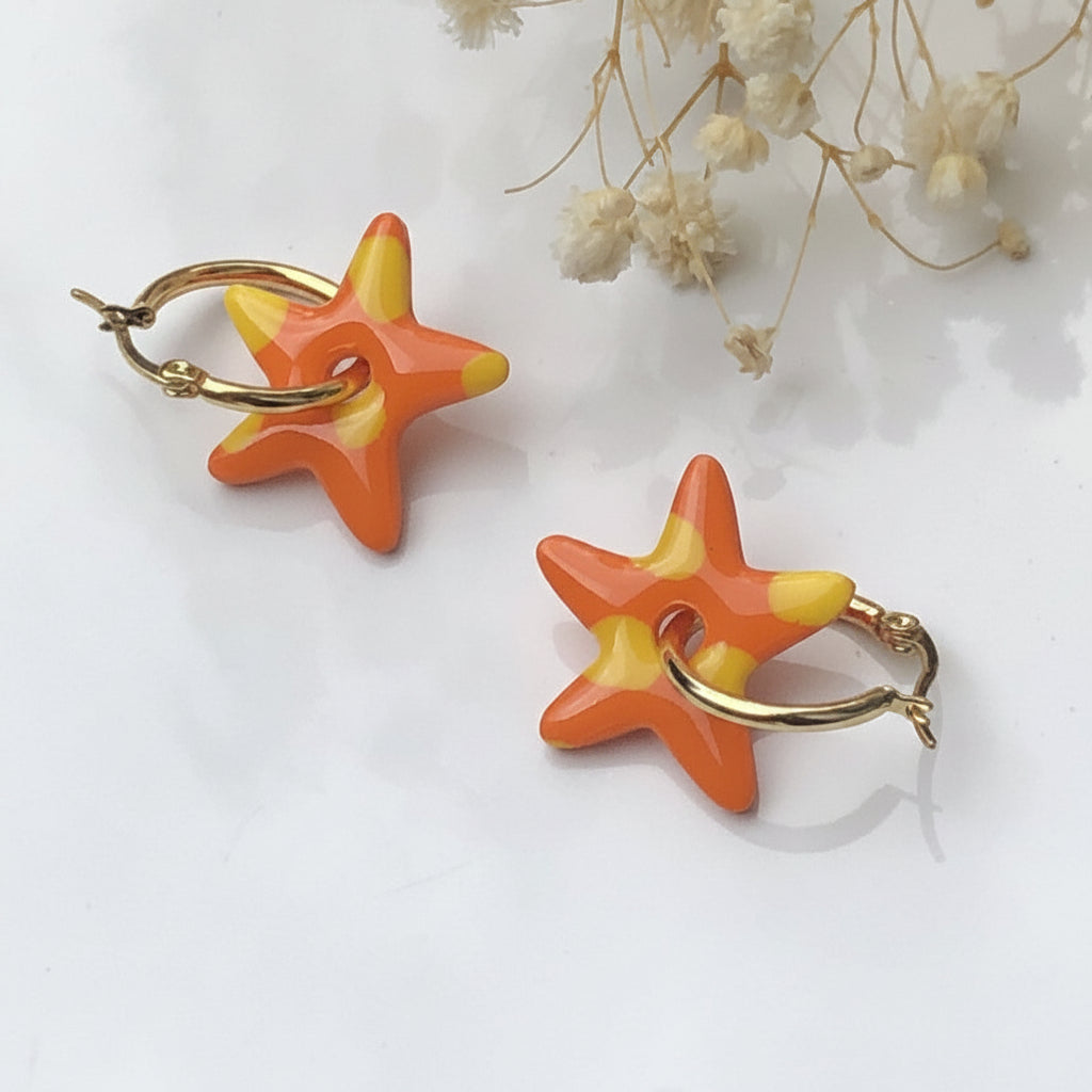 Boucles d'Oreilles Créoles Pampilles Étoiles - Orange Tangerine à Pois