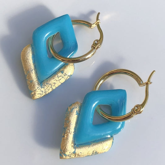 Boucles d'Oreilles Créoles Pampilles Losanges - Bleu Menthe et Or