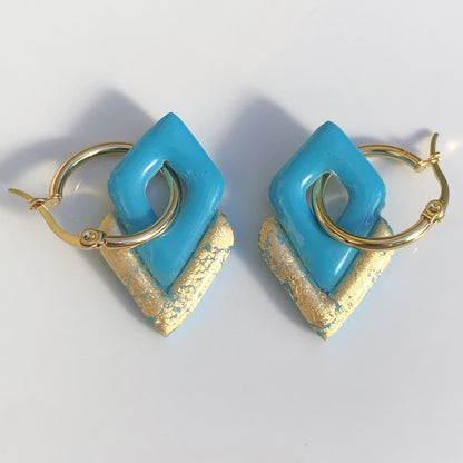Boucles d'Oreilles Créoles Pampilles Losanges - Bleu Menthe et Or