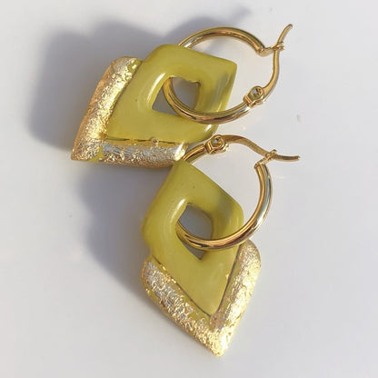 Boucles d'Oreilles Créoles Pampilles Losanges - Jaune Roseau et Or