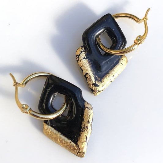 Boucles d'Oreilles Créoles Pampilles Losanges - Noir et Or