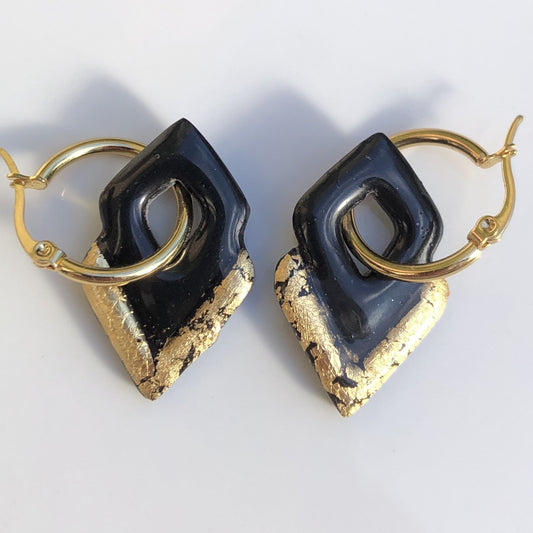 Boucles d'Oreilles Créoles Pampilles Losanges - Noir et Or