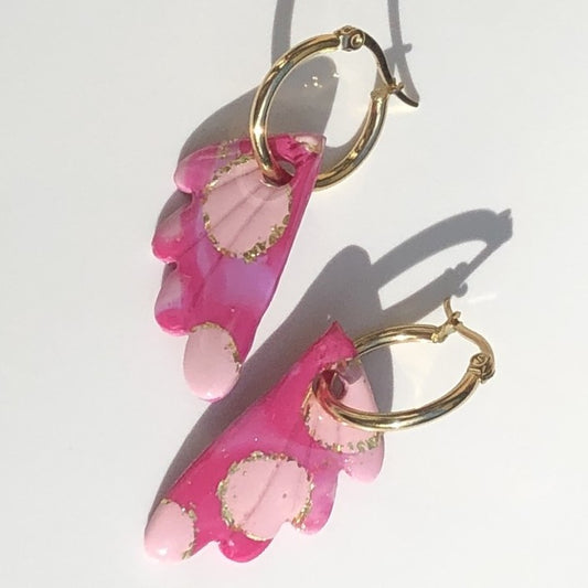 Boucles d'Oreilles Créoles Pampilles Papillon - Rose Framboise, Rose Light et Or
