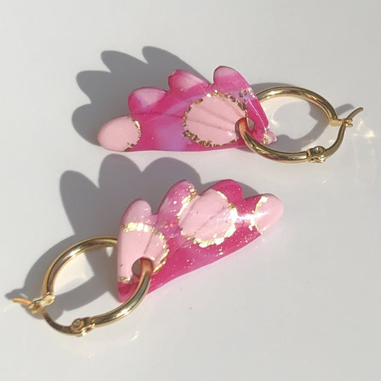 Boucles d'Oreilles Créoles Pampilles Papillon - Rose Framboise, Rose Light et Or