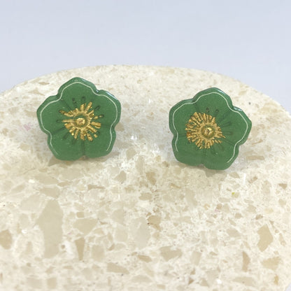 Puces d'Oreilles Fleurs - Vert Sapin et Or