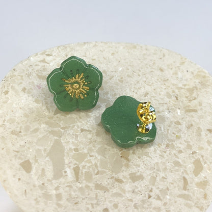 Puces d'Oreilles Fleurs - Vert Sapin et Or