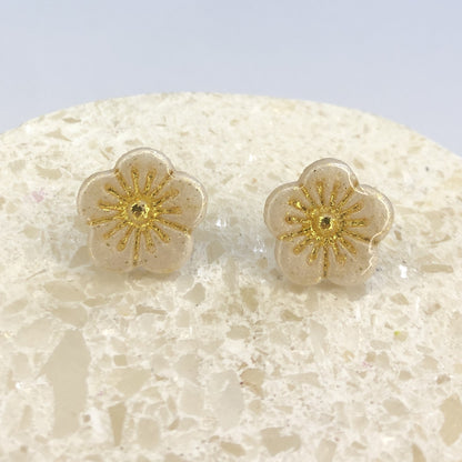 Puces d'Oreilles Fleurs - Beige Or et Or