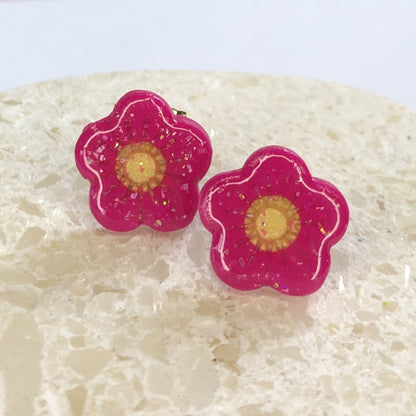 Puces d'Oreilles Fleurs - Rose Fuchsia, Jaune et Paillettes