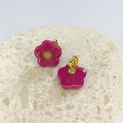 Puces d'Oreilles Fleurs - Rose Fuchsia, Jaune et Paillettes