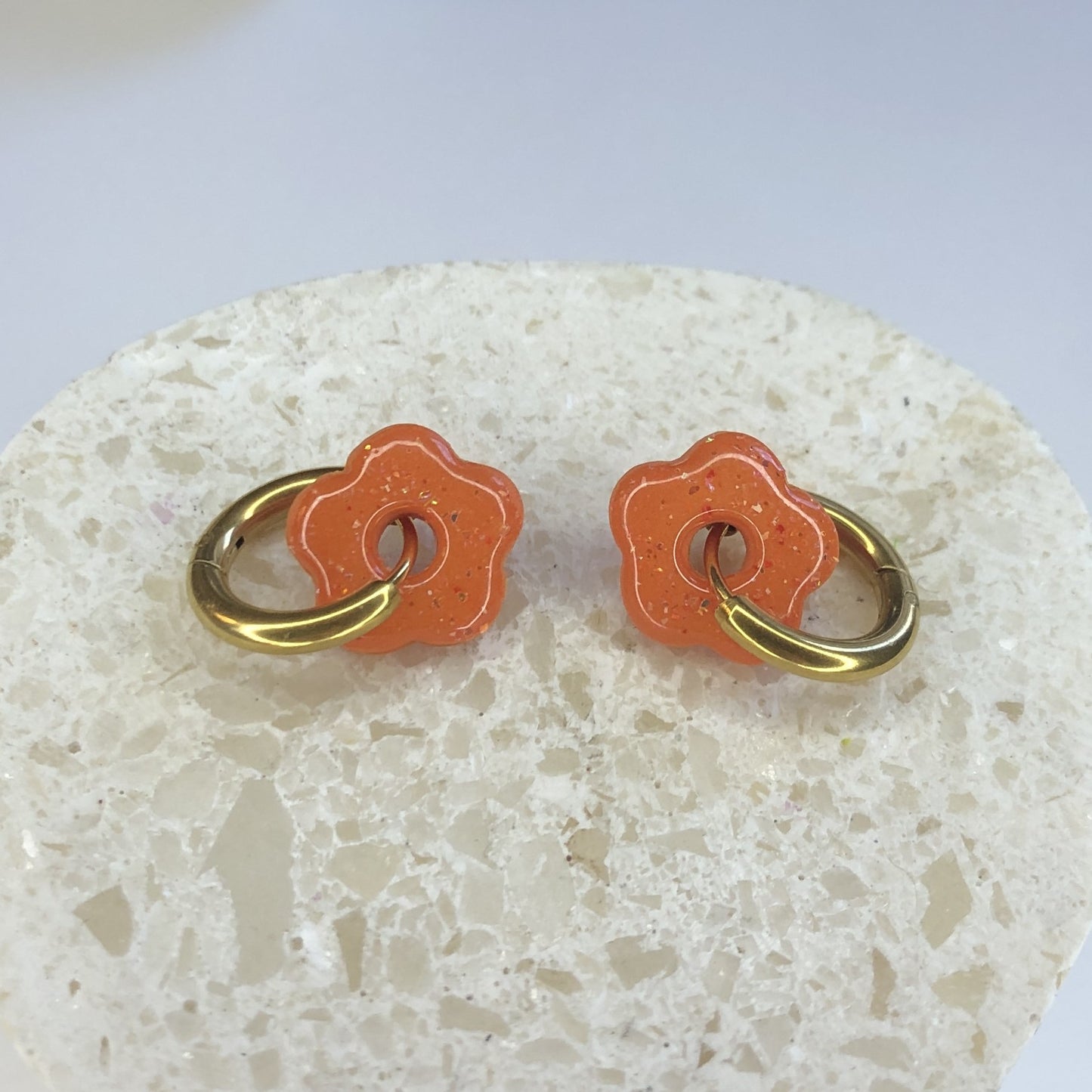 Boucles d'Oreilles Créoles Pampilles Small Fleurs - Orange Pailletées