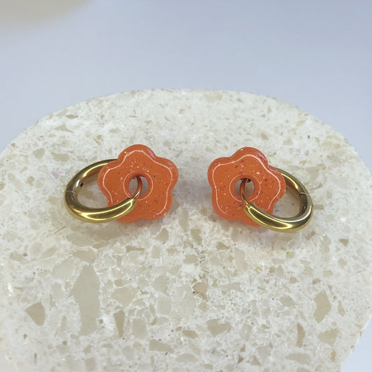 Boucles d'Oreilles Créoles Pampilles Small Fleurs - Orange Pailletées