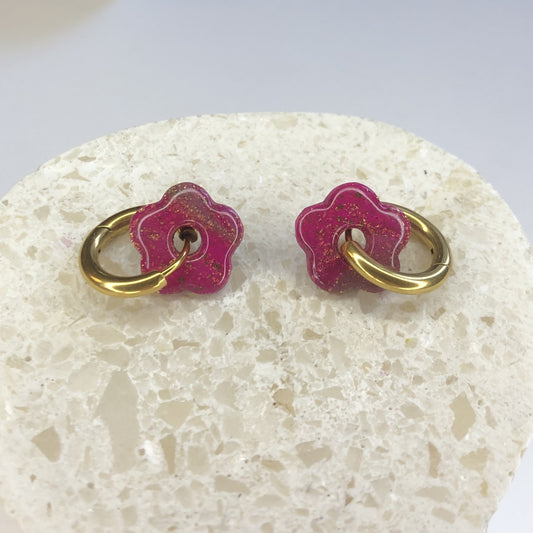 Boucles d'Oreilles Créoles Pampilles Small Fleurs - Fuchsia, Brun et Paillettes