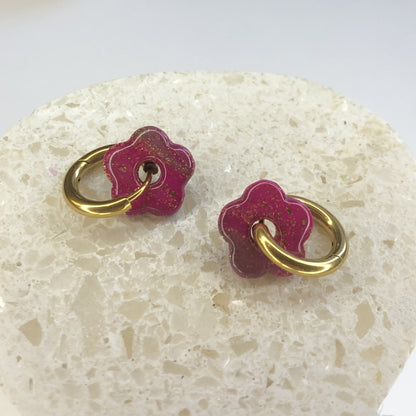 Boucles d'Oreilles Créoles Pampilles Small Fleurs - Fuchsia, Brun et Paillettes