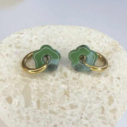Boucles d'Oreilles Créoles Pampilles Small Fleurs - Vert Sauge et Bleu Sérénité