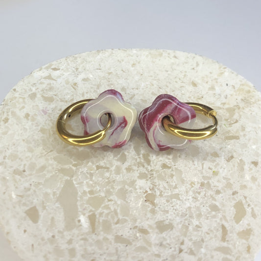 Boucles d'Oreilles Créoles Pampilles Small Fleurs - Violet Marbré
