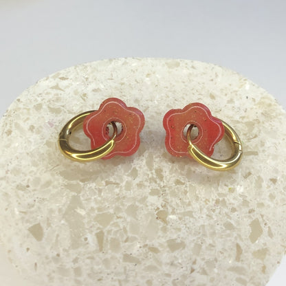 Boucles d'Oreilles Créoles Pampilles Small Fleurs - Orange Sanguine Pailletées