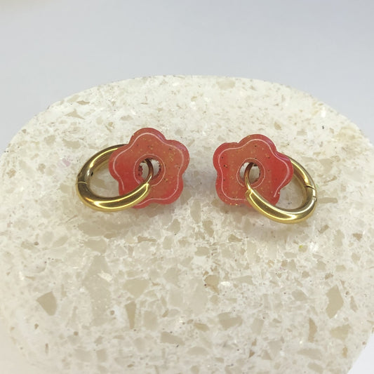 Boucles d'Oreilles Créoles Pampilles Small Fleurs - Orange Sanguine Pailletées