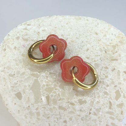 Boucles d'Oreilles Créoles Pampilles Small Fleurs - Orange Sanguine Pailletées