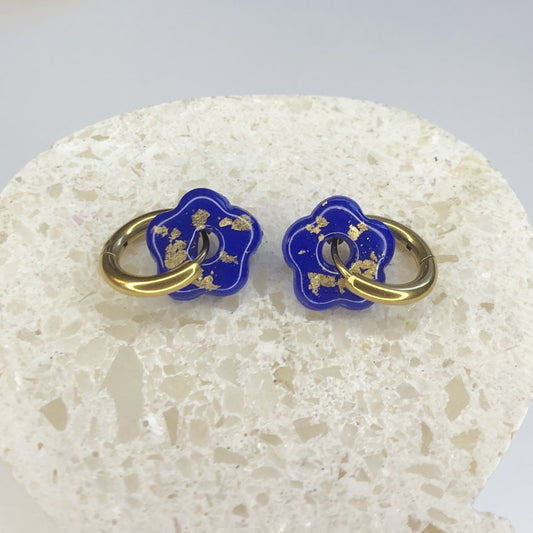 Boucles d'Oreilles Créoles Pampilles Small Fleurs - Bleu Pacifique et Or