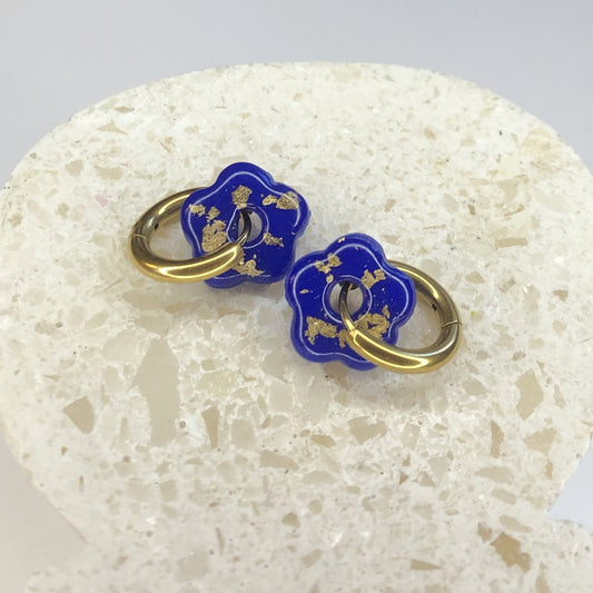Boucles d'Oreilles Créoles Pampilles Small Fleurs - Bleu Pacifique et Or