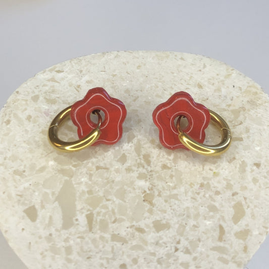 Boucles d'Oreilles Créoles Pampilles Small Fleurs - Rouge Jaspe