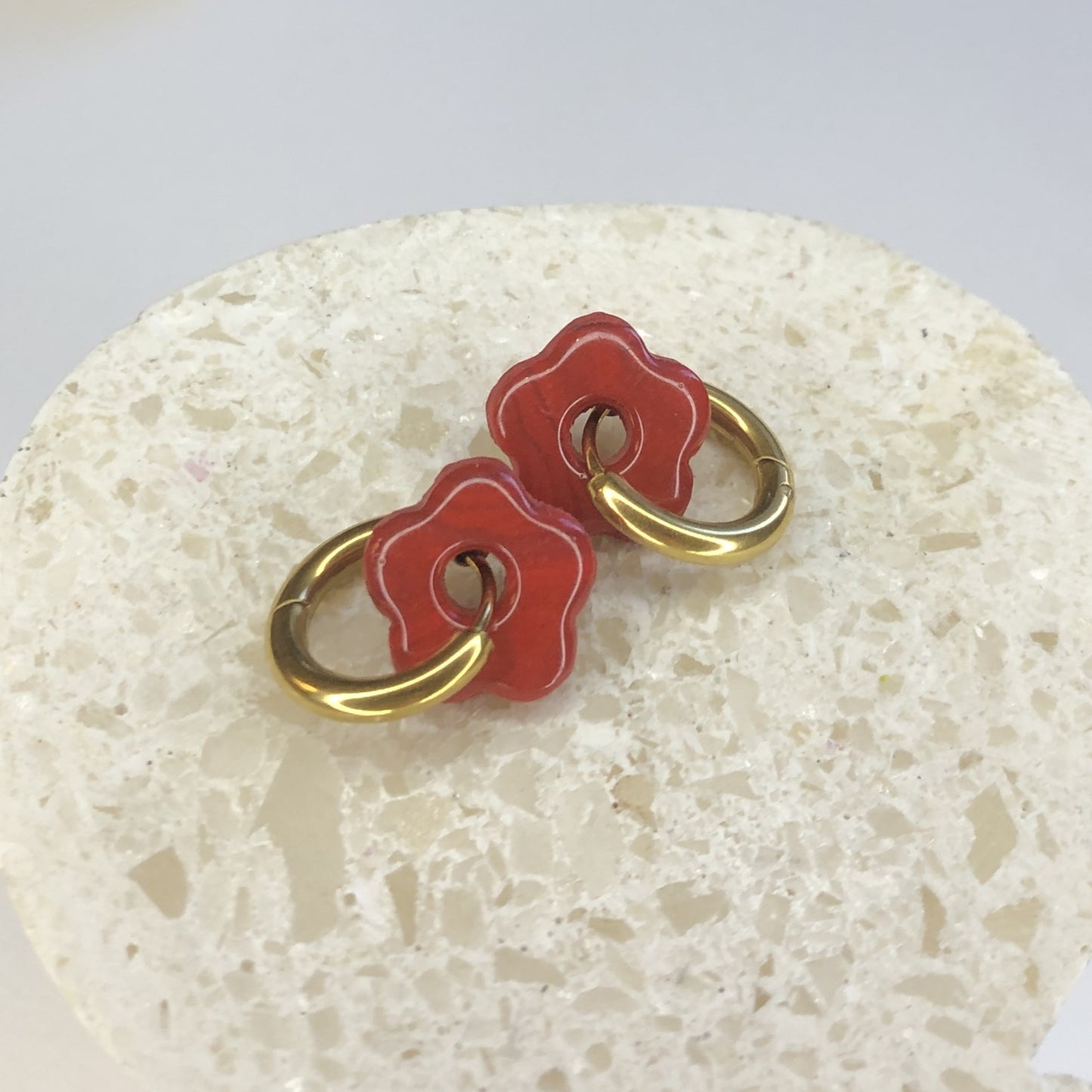 Boucles d'Oreilles Créoles Pampilles Small Fleurs - Rouge Jaspe