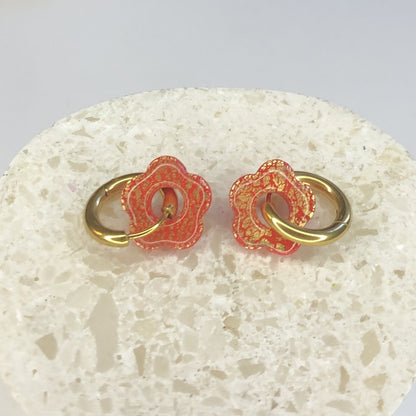 Boucles d'Oreilles Créoles Pampilles Small Fleurs - Rouge Anglais et Or