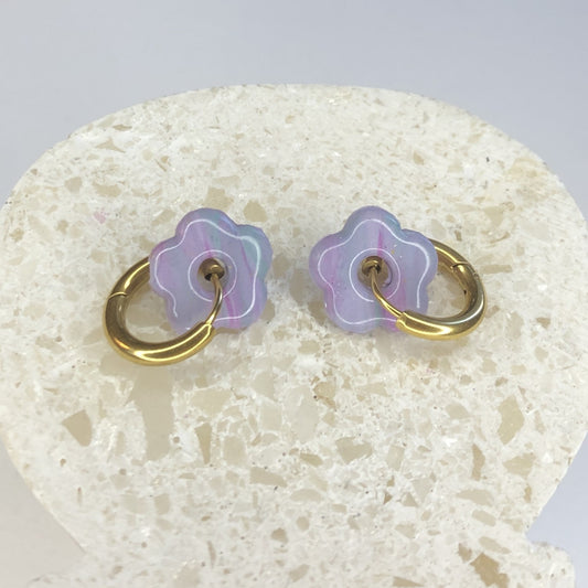 Boucles d'Oreilles Créoles Pampilles Small Fleurs - Bleu Violet Pastel