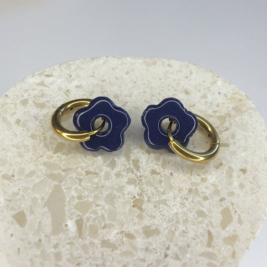 Boucles d'Oreilles Créoles Pampilles Small Fleurs - Bleu Navy
