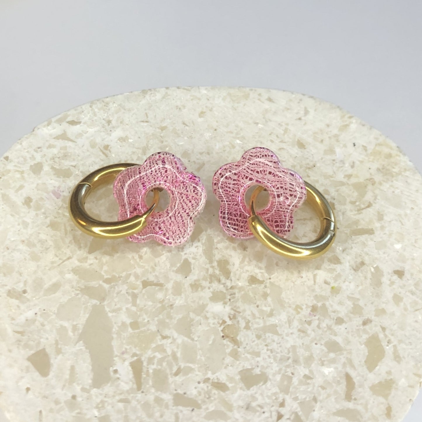 Boucles d'Oreilles Créoles Pampilles Small Fleurs - Rose Métallisé
