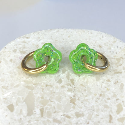 Boucles d'Oreilles Créoles Pampilles Small Fleurs - Vert Primevère Pailletées