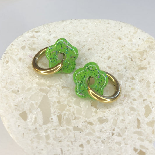 Boucles d'Oreilles Créoles Pampilles Small Fleurs - Vert Primevère Pailletées