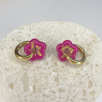 Boucles d'Oreilles Créoles Pampilles Small Fleurs - Fuchsia et Or