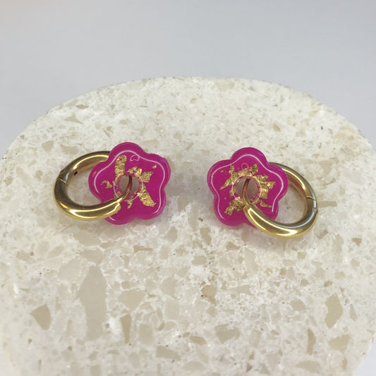 Boucles d'Oreilles Créoles Pampilles Small Fleurs - Fuchsia et Or