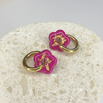 Boucles d'Oreilles Créoles Pampilles Small Fleurs - Fuchsia et Or