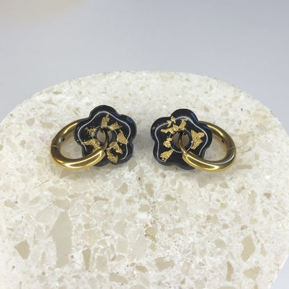 Boucles d'Oreilles Créoles Pampilles Small Fleurs - Noir et Or